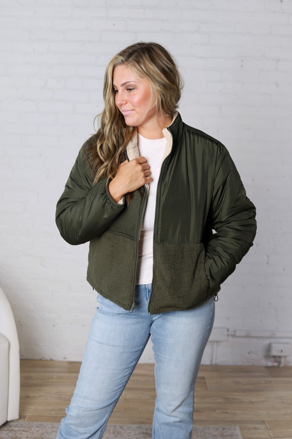 Ambria Reversible Sherpa Puffer Jacket - Olive FINAL SALE