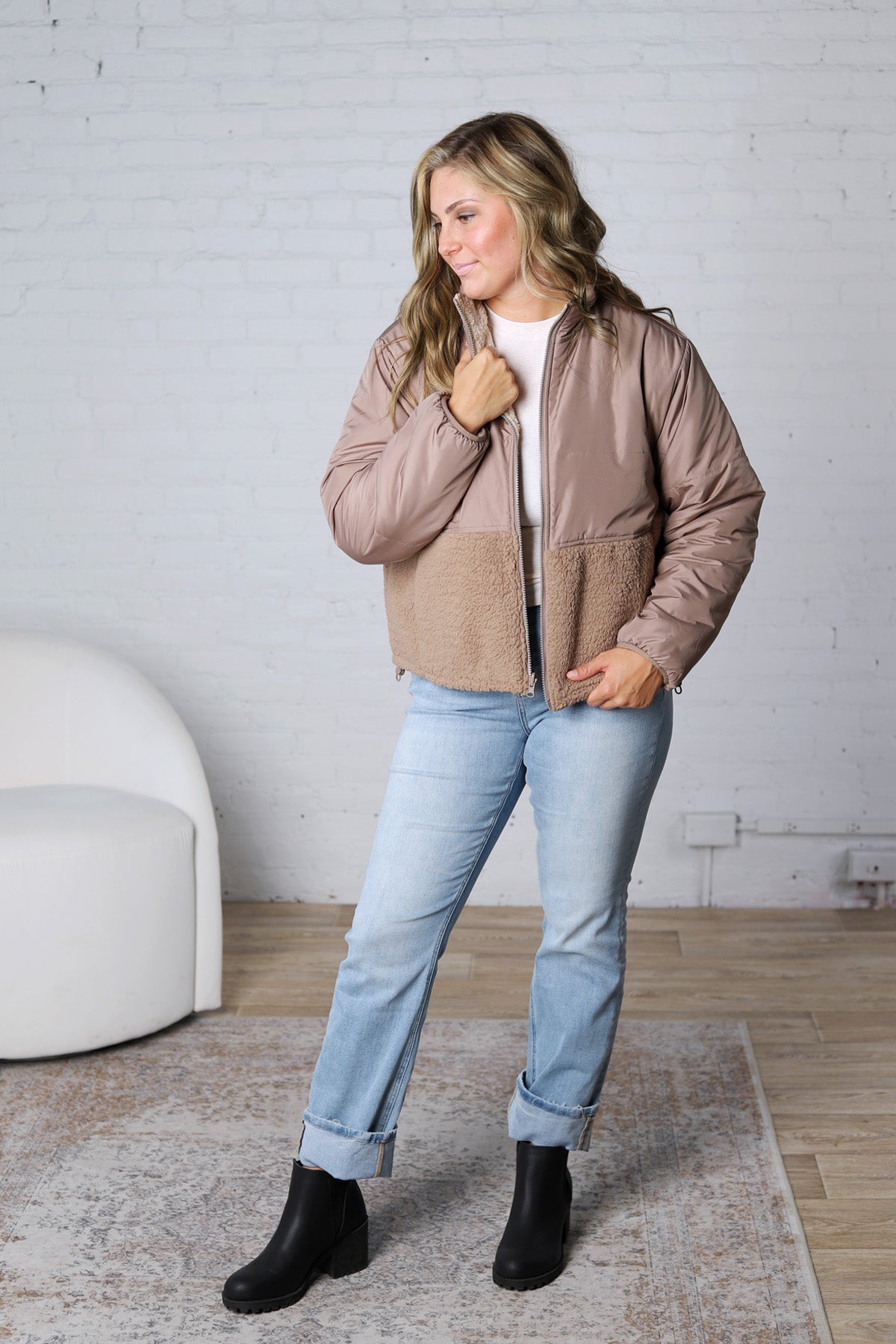 Ambria Reversible Sherpa Puffer Jacket - Taupe FINAL SALE