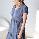 Amera Pleated Ruffle Tiered Midi Dress - Dusty Blue