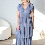 Amera Pleated Ruffle Tiered Midi Dress - Dusty Blue