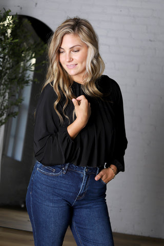 Amora Bubble Hem Long Sleeve Top - Black