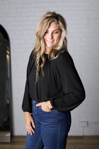 Amora Bubble Hem Long Sleeve Top - Black