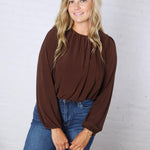 Amora Bubble Hem Long Sleeve Top - Dk Brown