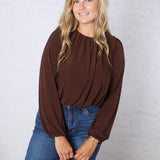 Amora Bubble Hem Long Sleeve Top - Dk Brown