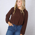 Amora Bubble Hem Long Sleeve Top - Dk Brown