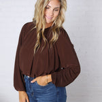 Amora Bubble Hem Long Sleeve Top - Dk Brown