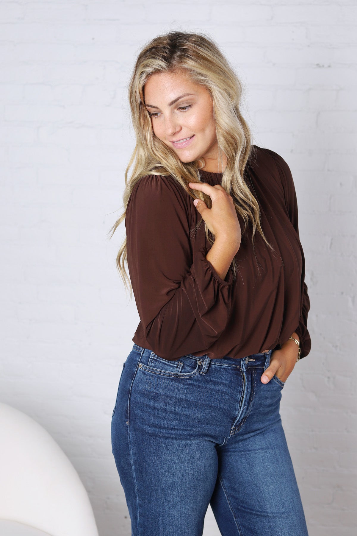 Amora Bubble Hem Long Sleeve Top - Dk Brown
