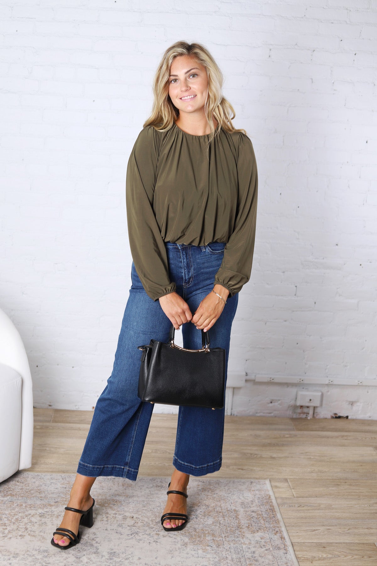 Amora Bubble Hem Long Sleeve Top - Olive