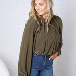 Amora Bubble Hem Long Sleeve Top - Olive