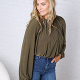 Amora Bubble Hem Long Sleeve Top - Olive
