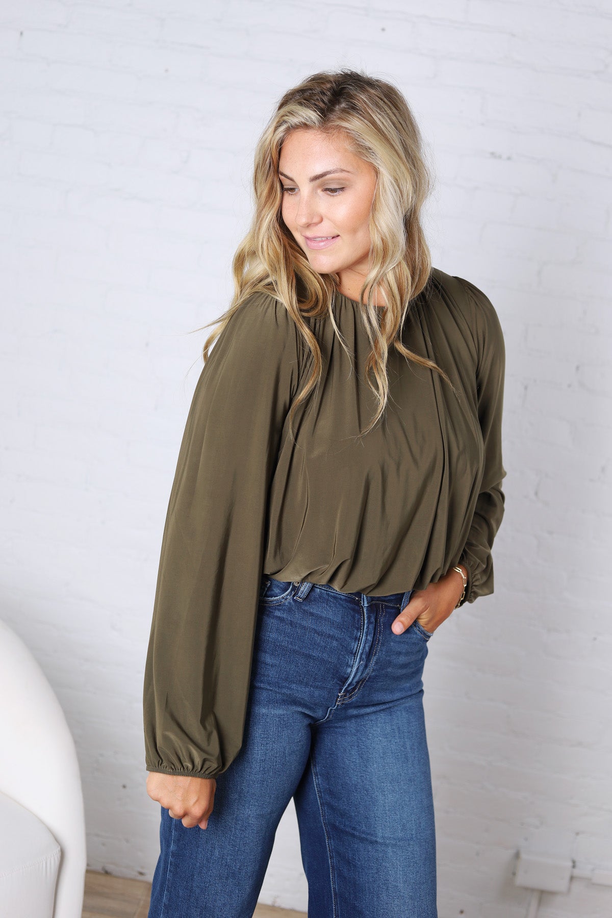 Amora Bubble Hem Long Sleeve Top - Olive