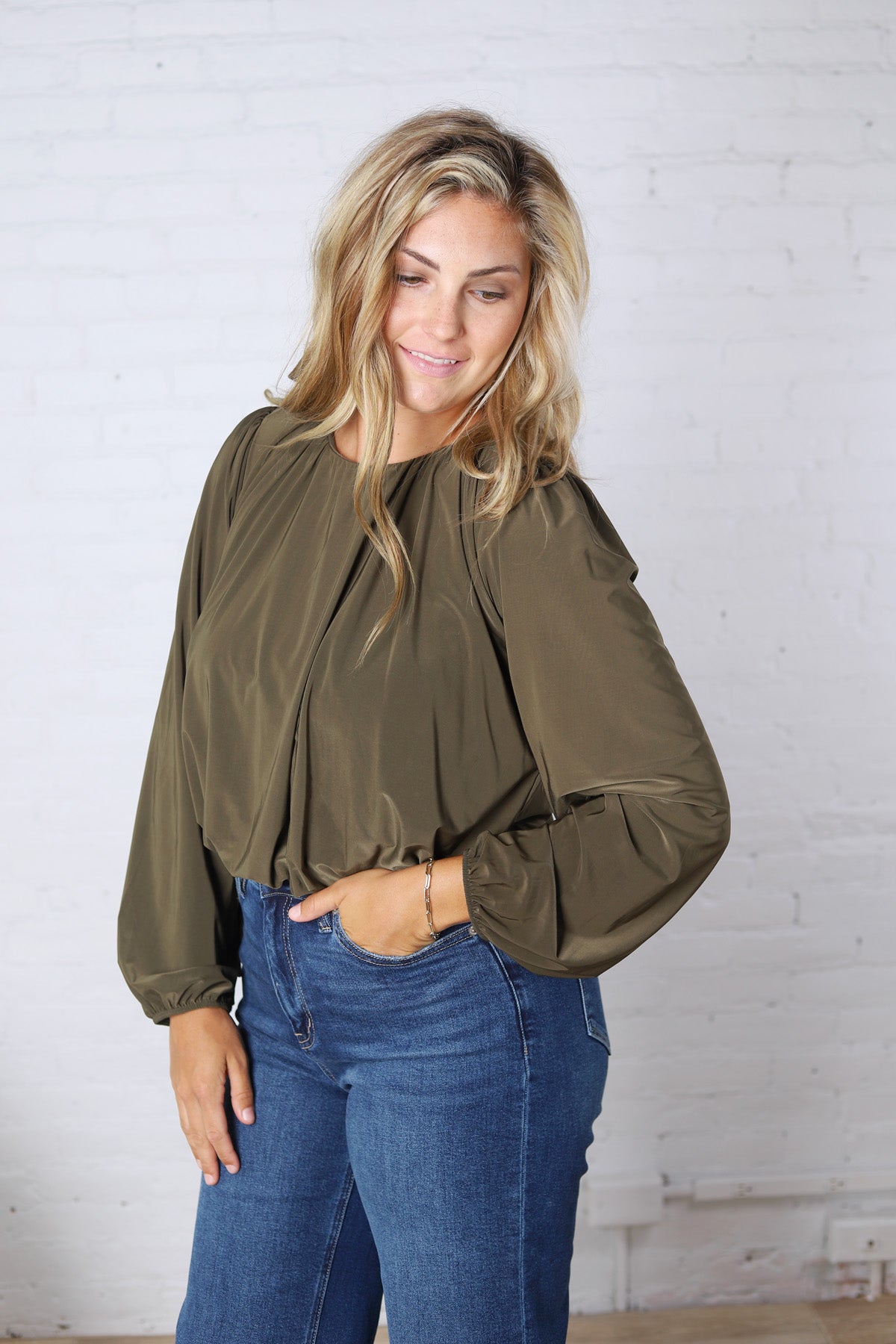 Amora Bubble Hem Long Sleeve Top - Olive