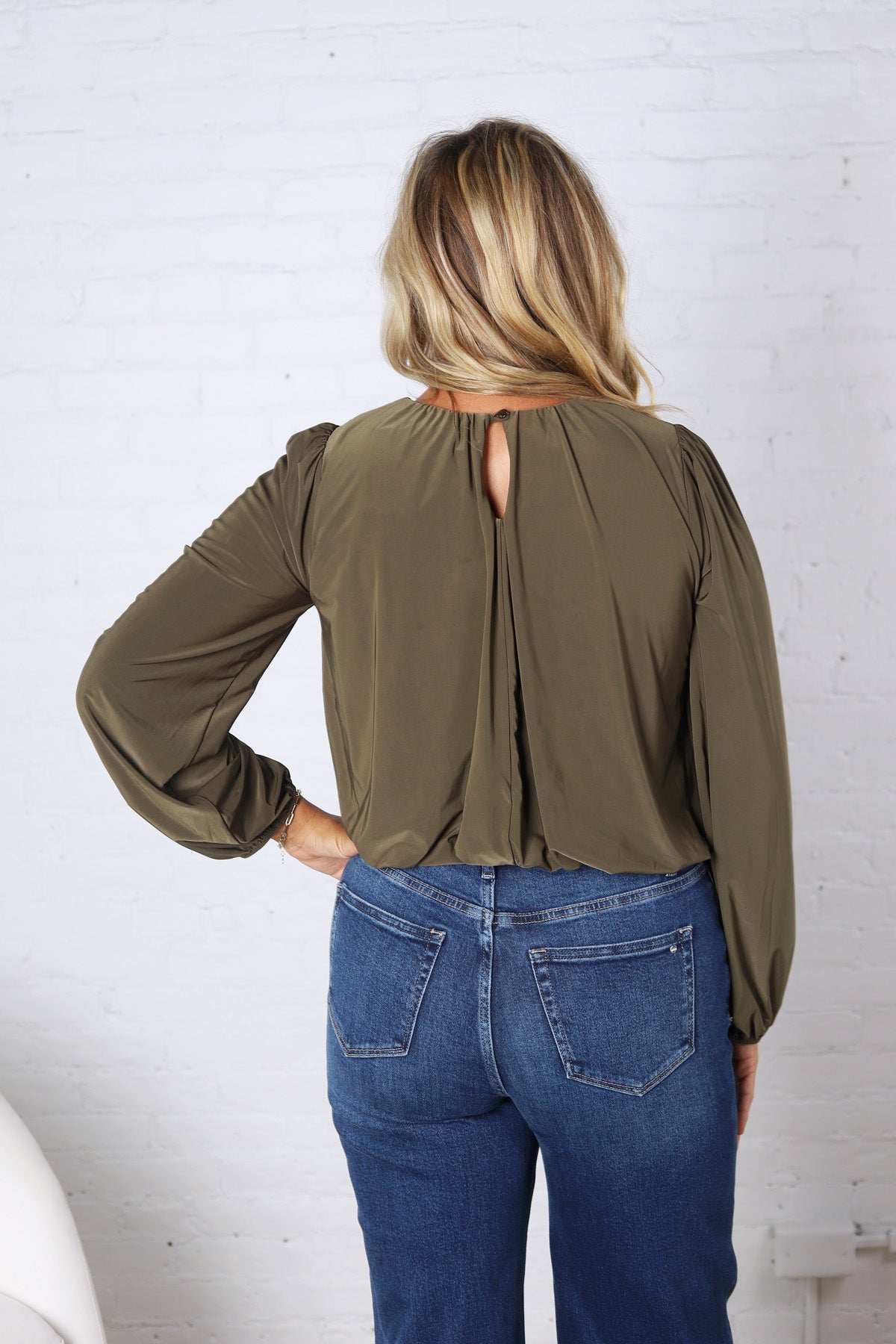Amora Bubble Hem Long Sleeve Top - Olive