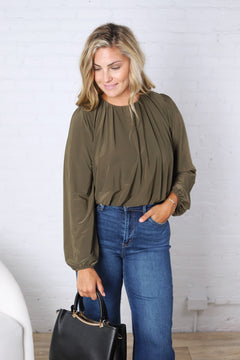 Amora Bubble Hem Long Sleeve Top - Olive