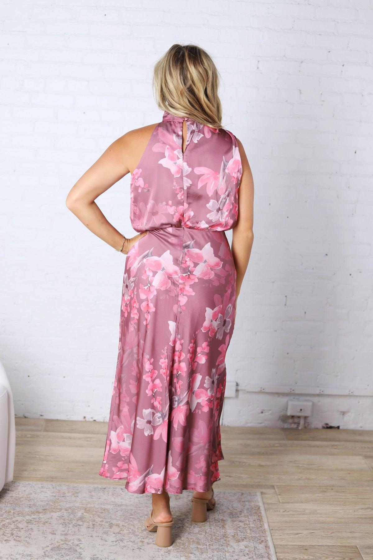 Anabelle Halter Neck Midi Dress - Dark Rose Floral