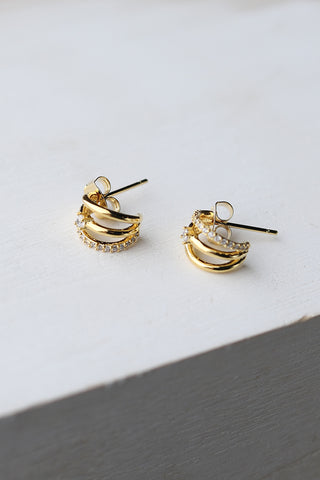 Anika Pave Layered Hoop Huggie Earrings - Gold