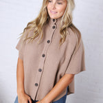 Annabelle Mock Neck Button Down Knit Poncho - Taupe