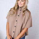 Annabelle Mock Neck Button Down Knit Poncho - Taupe