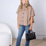 Annabelle Mock Neck Button Down Knit Poncho - Taupe