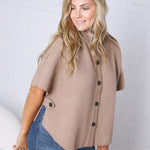 Annabelle Mock Neck Button Down Knit Poncho - Taupe