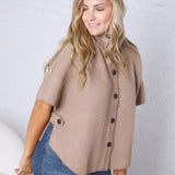 Annabelle Mock Neck Button Down Knit Poncho - Taupe