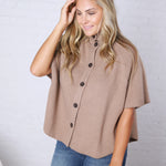 Annabelle Mock Neck Button Down Knit Poncho - Taupe