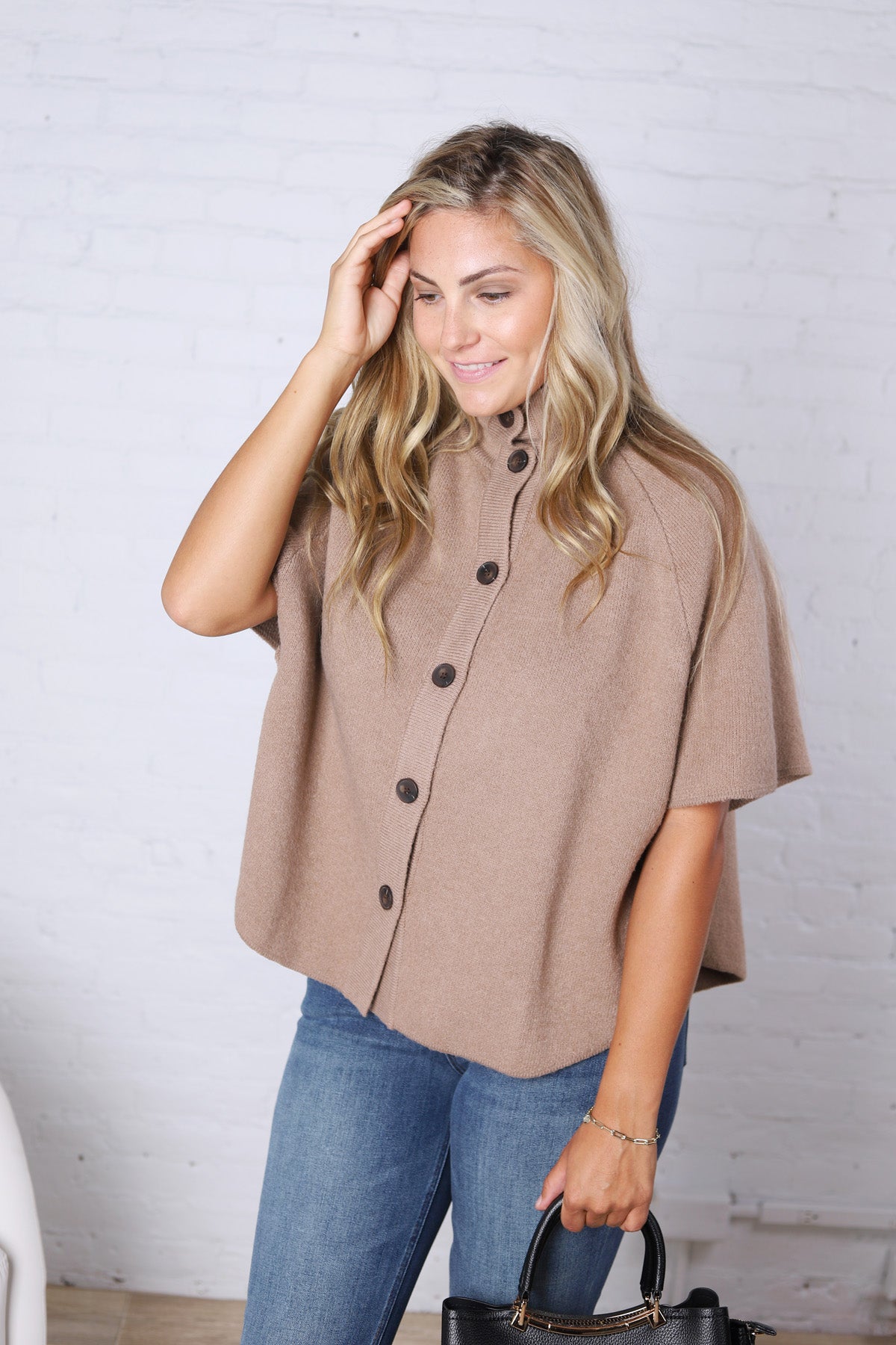 Annabelle Mock Neck Button Down Knit Poncho - Taupe