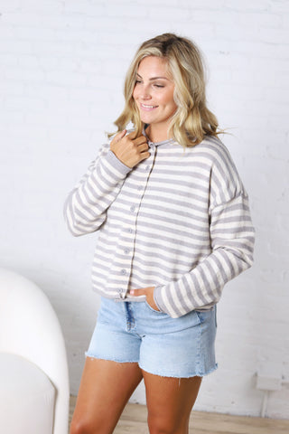 Anniston Striped Knit Cardigan - Heather Grey