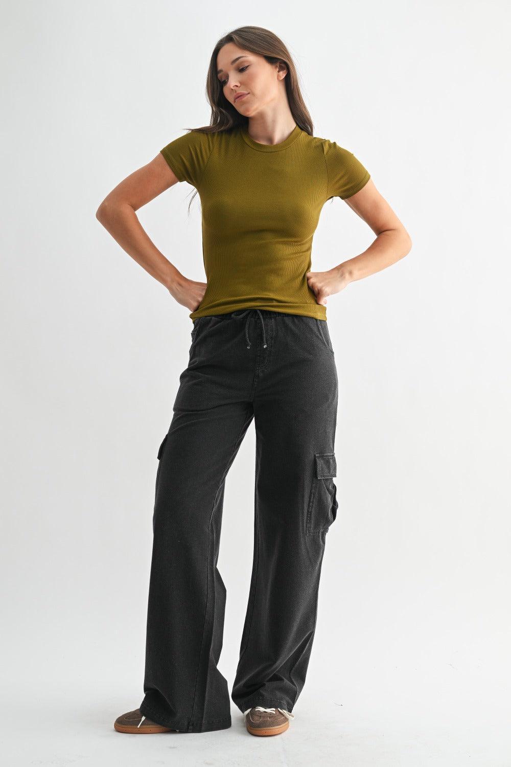 Anya Essential Short Sleeve Micro-Ribbed Top - Camo Green