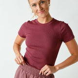 Anya Essential Short Sleeve Micro-Ribbed Top - Rosewood