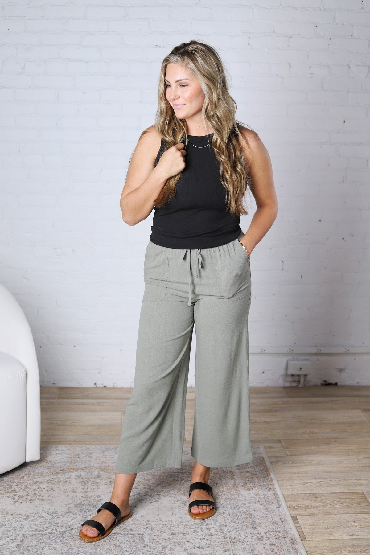 Ardene Casual Crop Linen Pants - Dusty Spruce