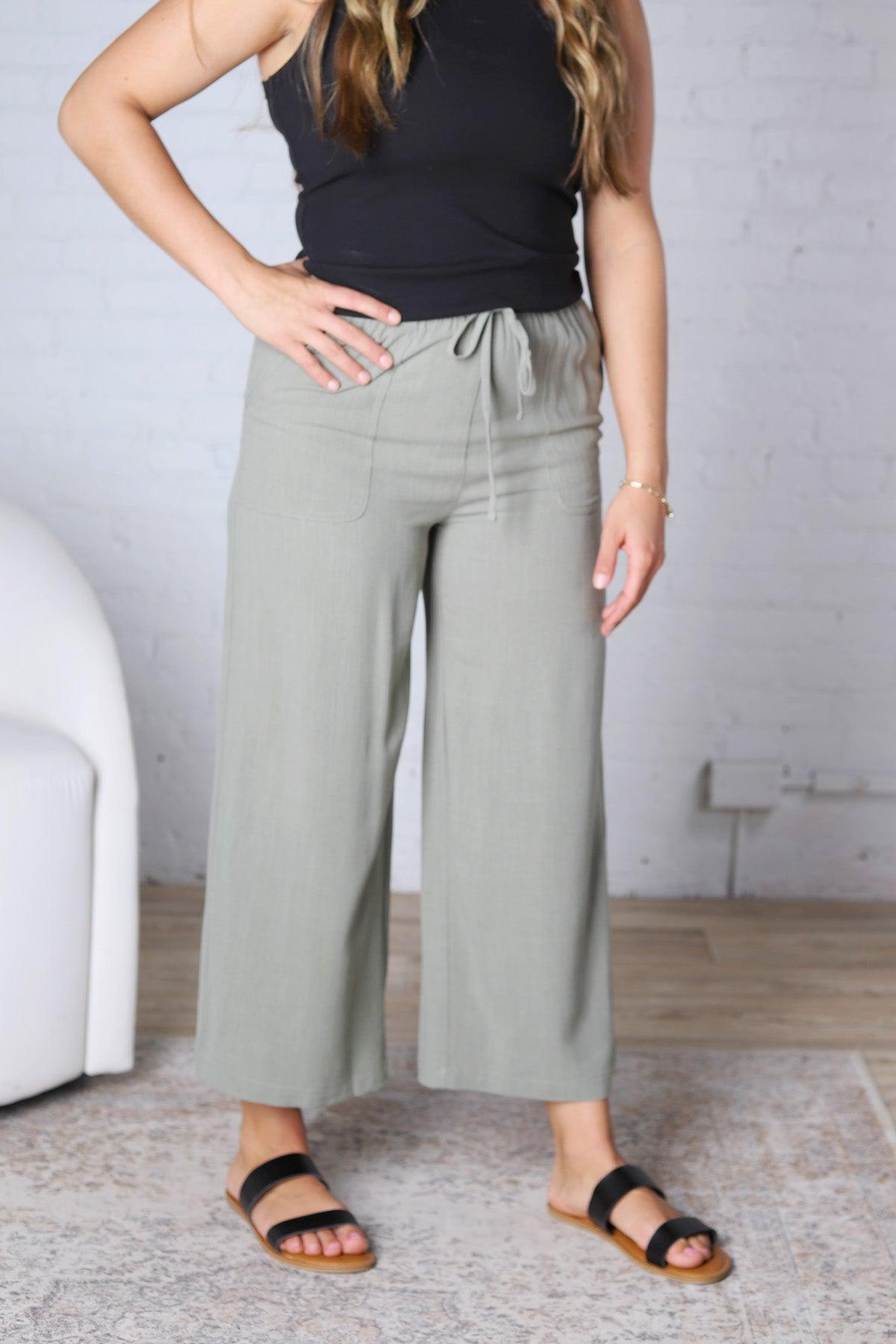 Ardene Casual Crop Linen Pants - Dusty Spruce