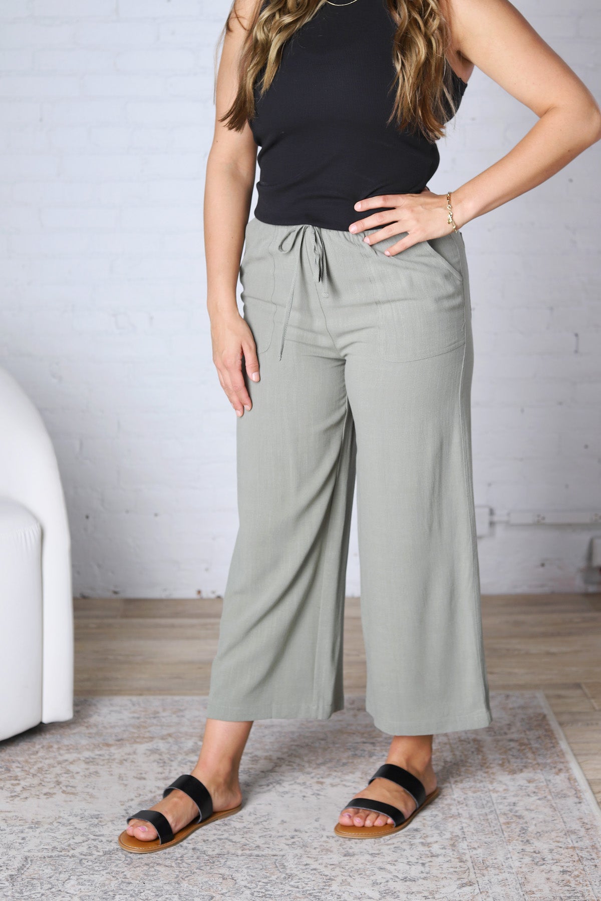 Ardene Casual Crop Linen Pants - Dusty Spruce