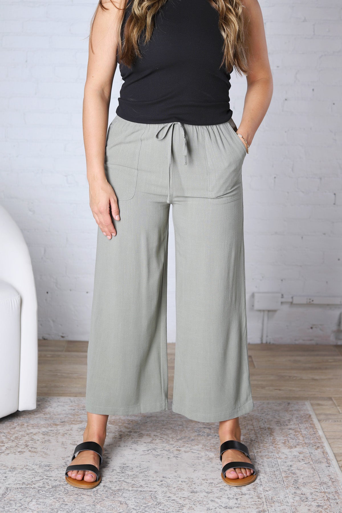 Ardene Casual Crop Linen Pants - Dusty Spruce