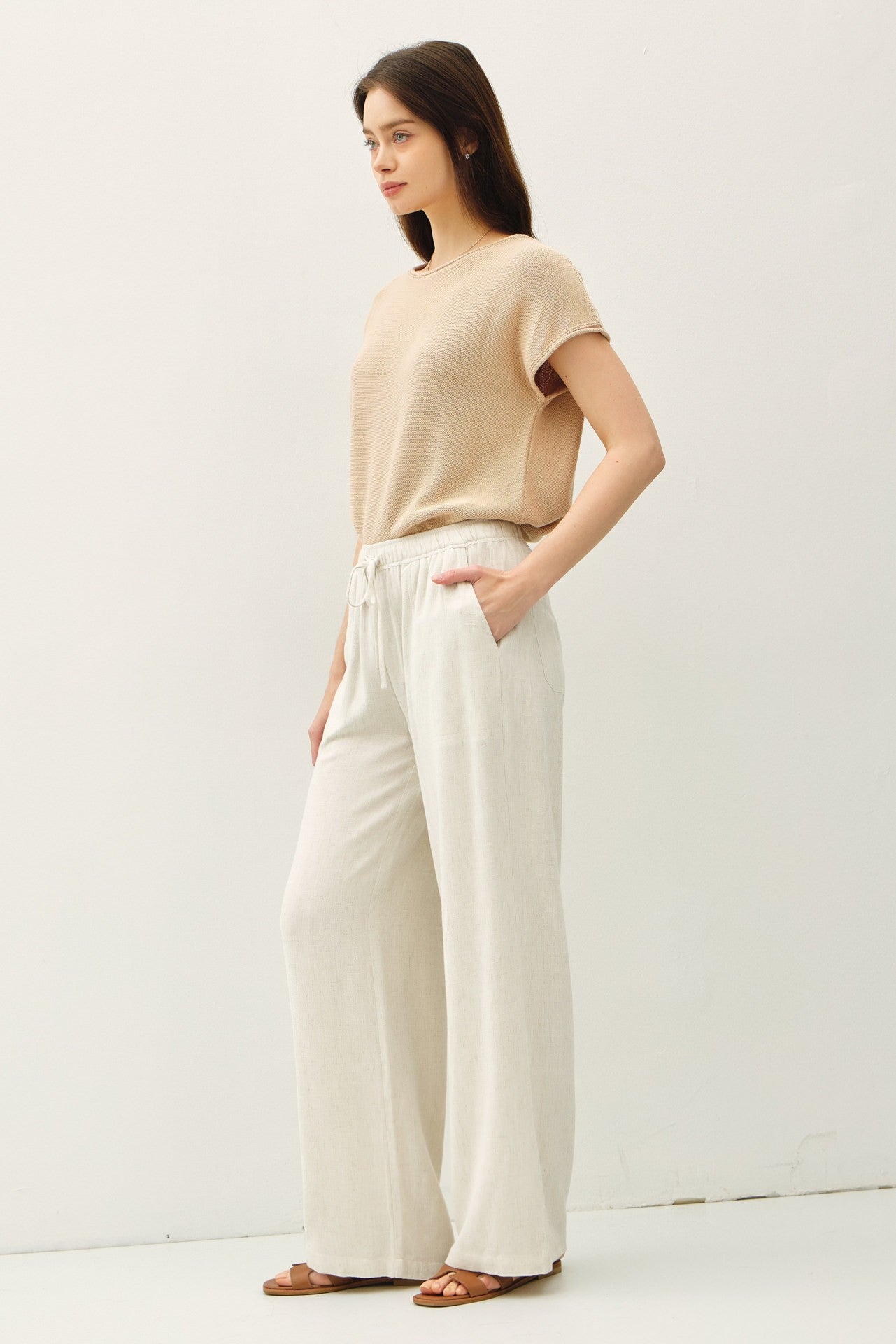 Aria Linen Blend Wide Leg Pants - Natural