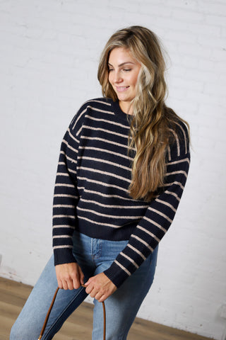 Arlette Relaxed Stripe Crew Neck Sweater - Navy