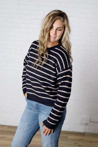 Arlette Relaxed Stripe Crew Neck Sweater - Navy