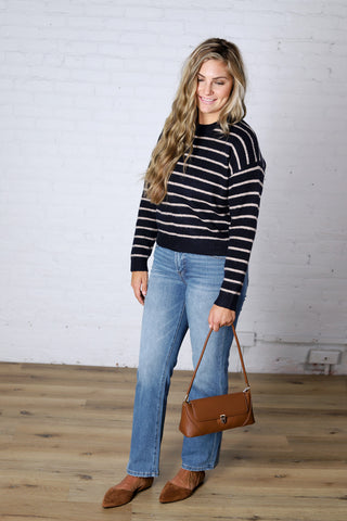 Arlette Relaxed Stripe Crew Neck Sweater - Navy