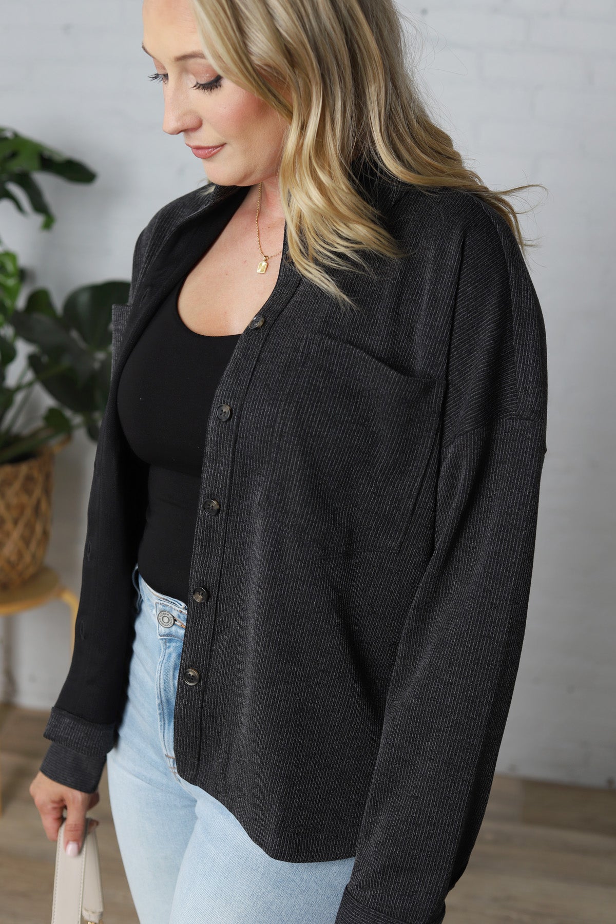 Arrin Oversized Pinstripe Collard Button Down Jacket - Charcoal