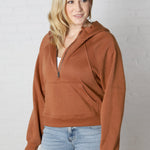 Aubree French Terry Cropped Qtr Zip Hoodie - Camel