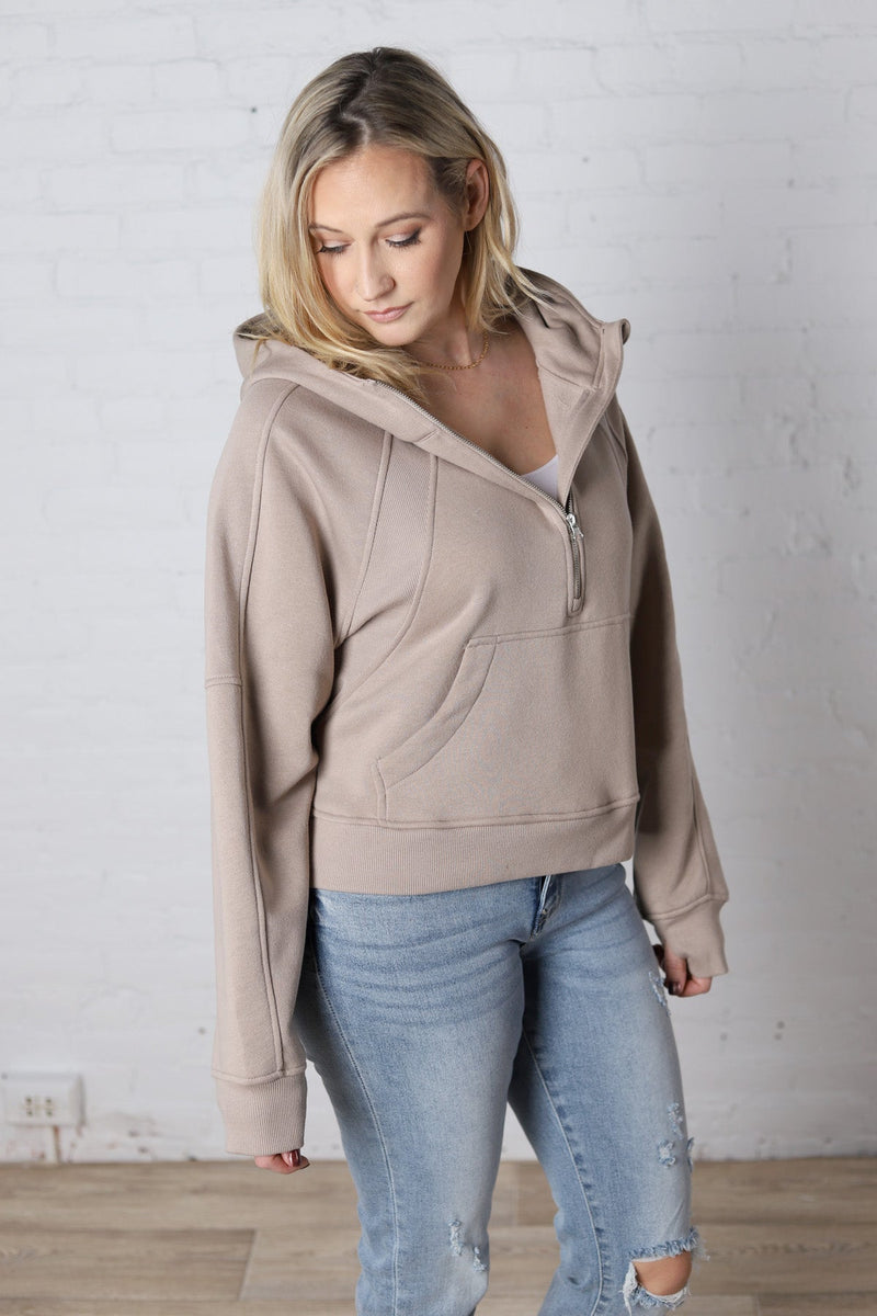 Aubree French Terry Cropped Qtr Zip Hoodie - Taupe