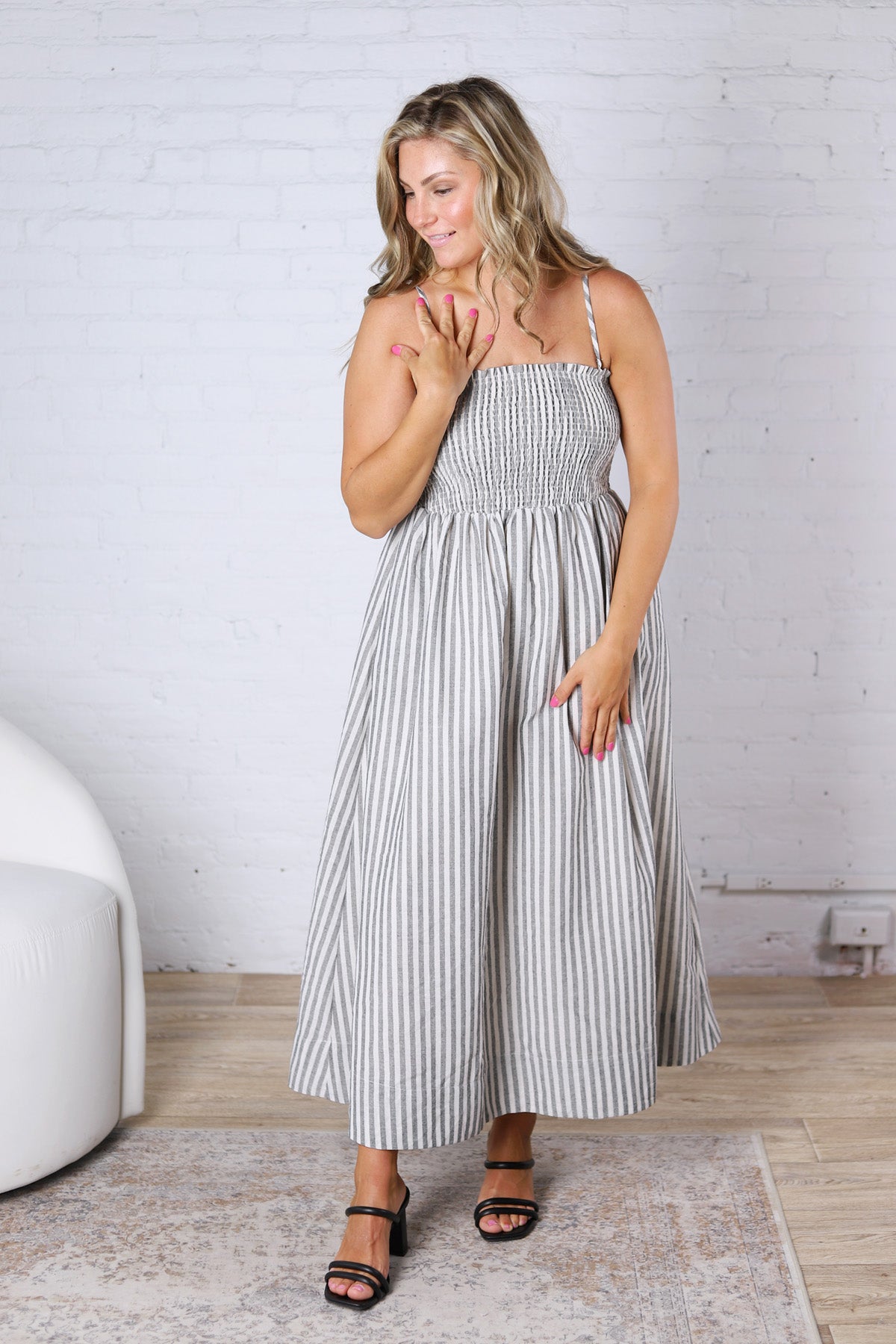 Aurelia Smocked Top Stripe Dress - Black