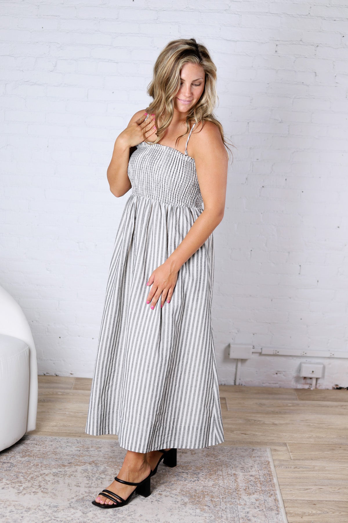 Aurelia Smocked Top Stripe Dress - Black
