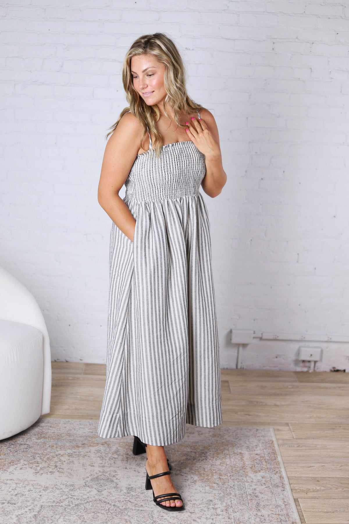 Aurelia Smocked Top Stripe Dress - Black