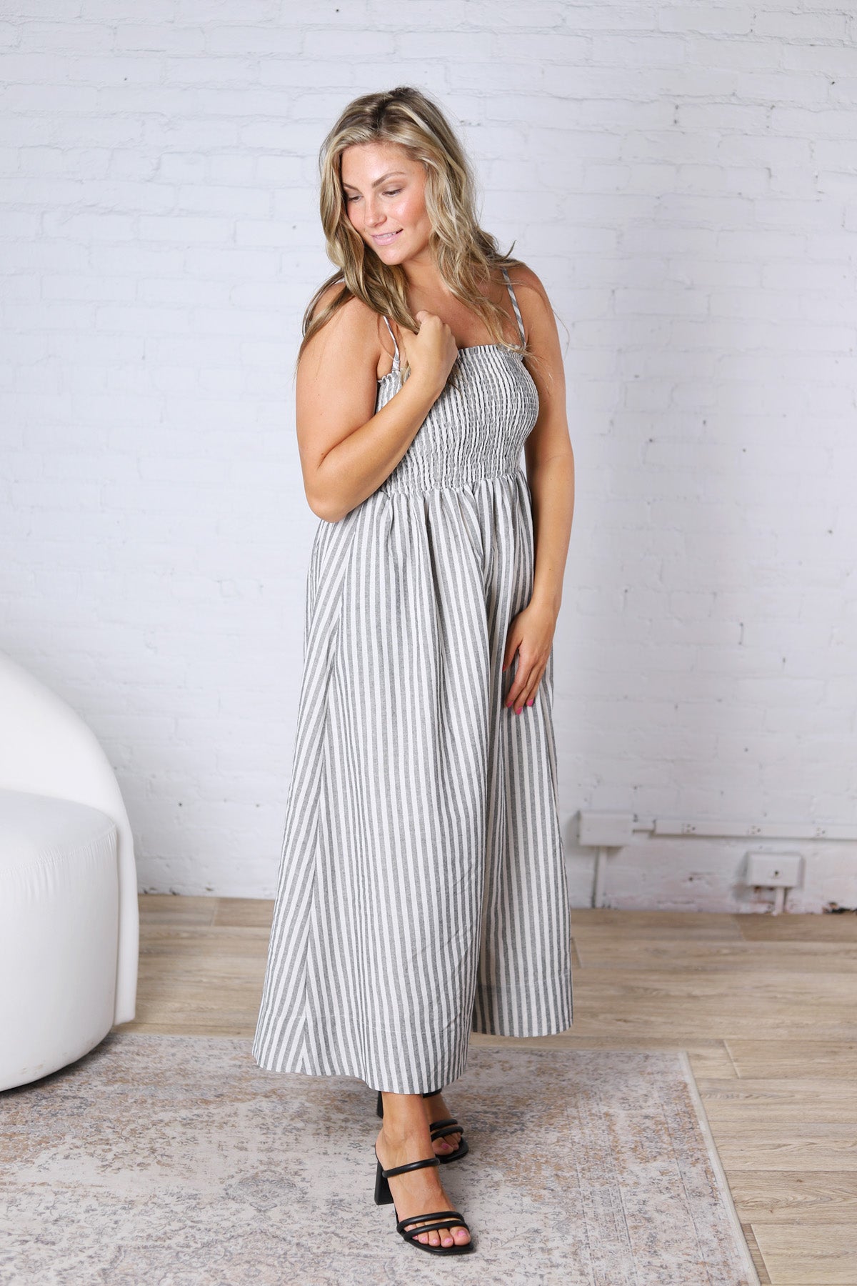 Aurelia Smocked Top Stripe Dress - Black