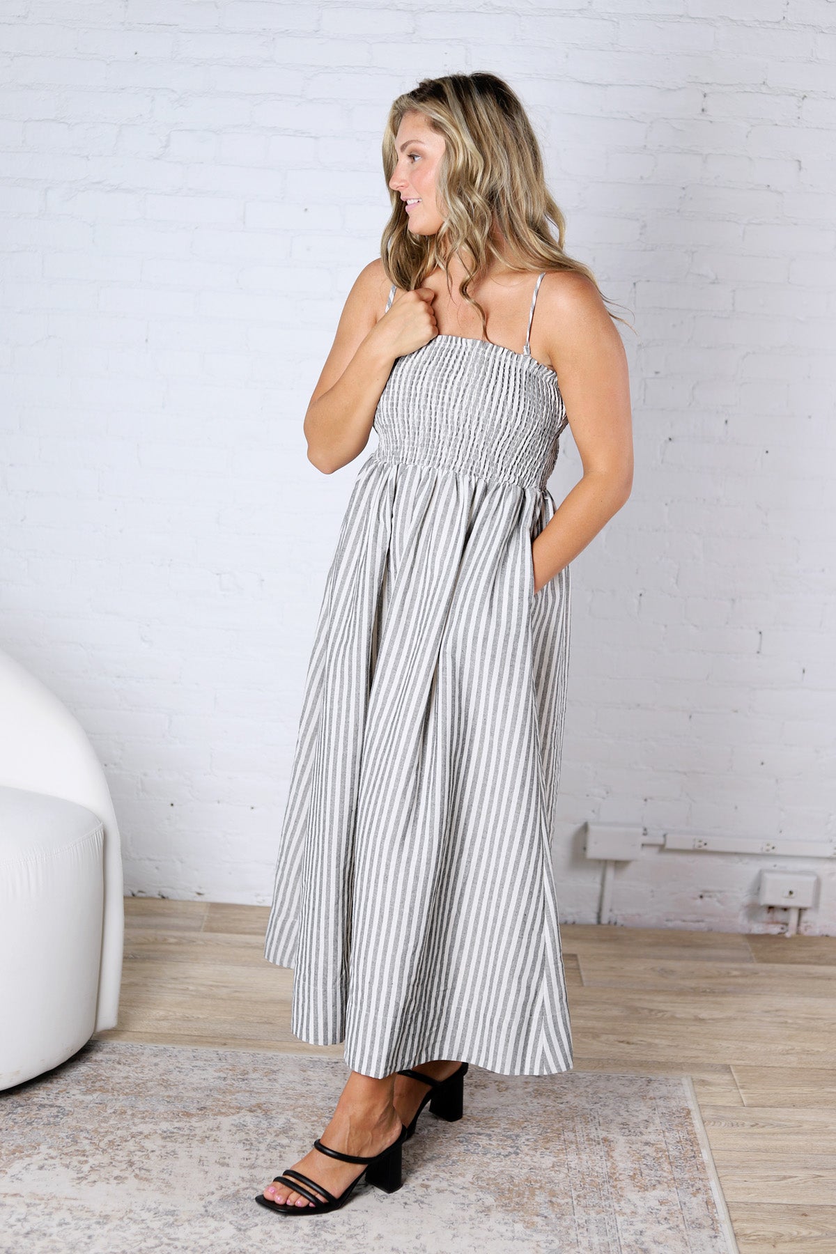 Aurelia Smocked Top Stripe Dress - Black