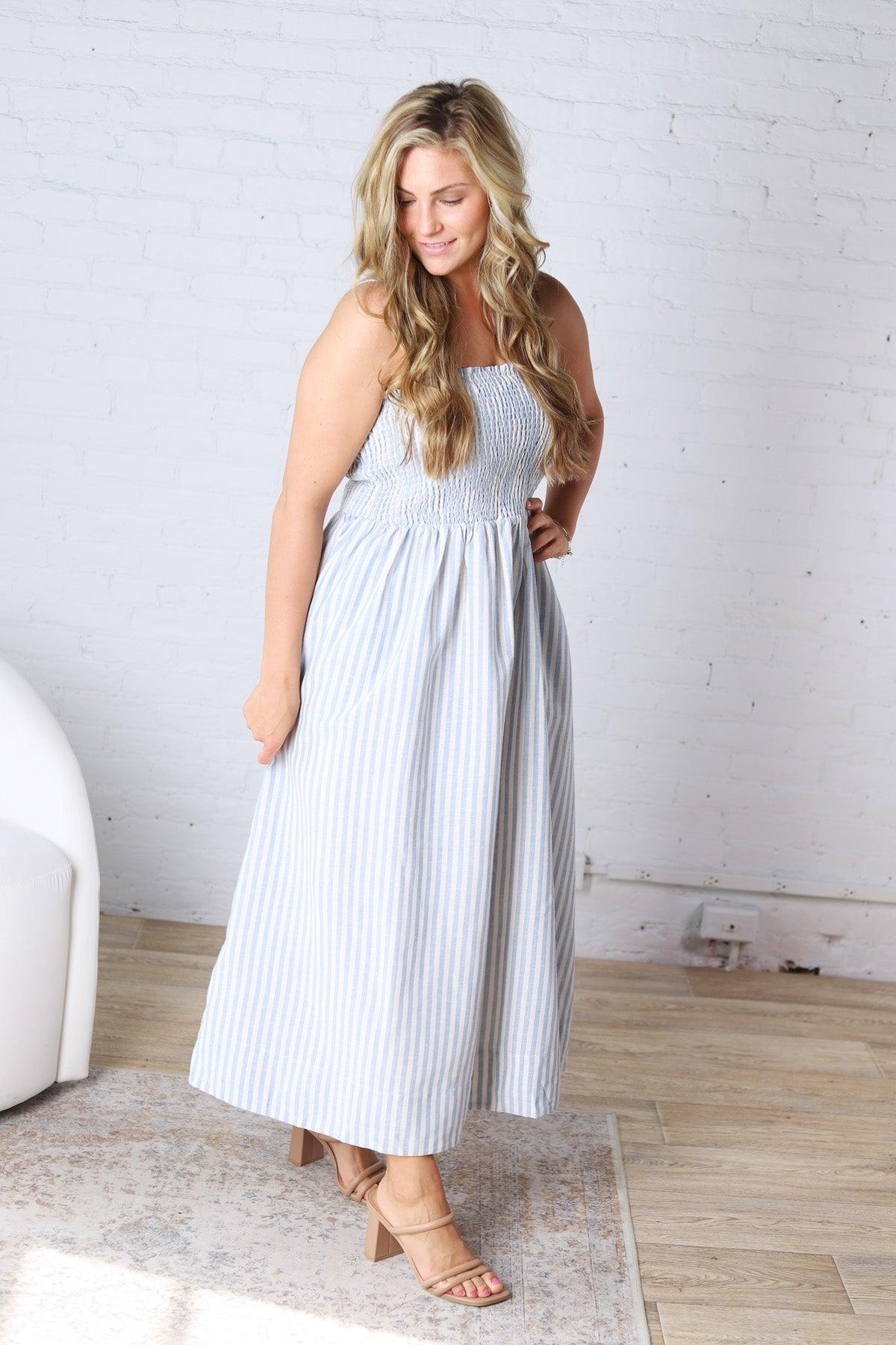 Aurelia Smocked Top Stripe Dress - Blue
