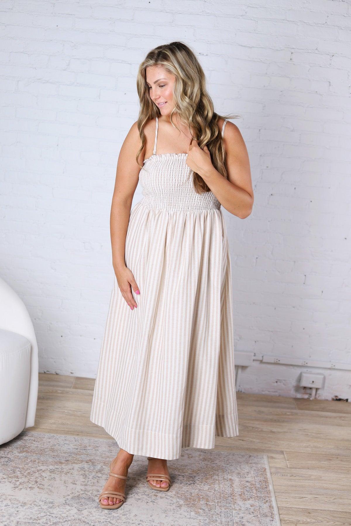Aurelia Smocked Top Stripe Dress - Tan