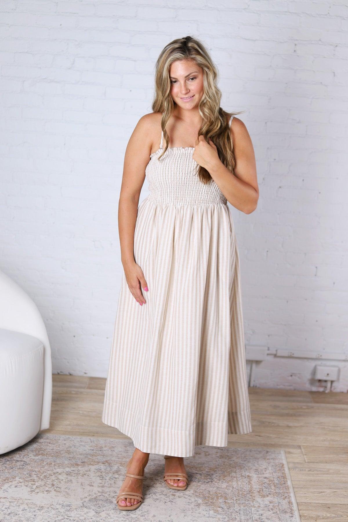 Aurelia Smocked Top Stripe Dress - Tan