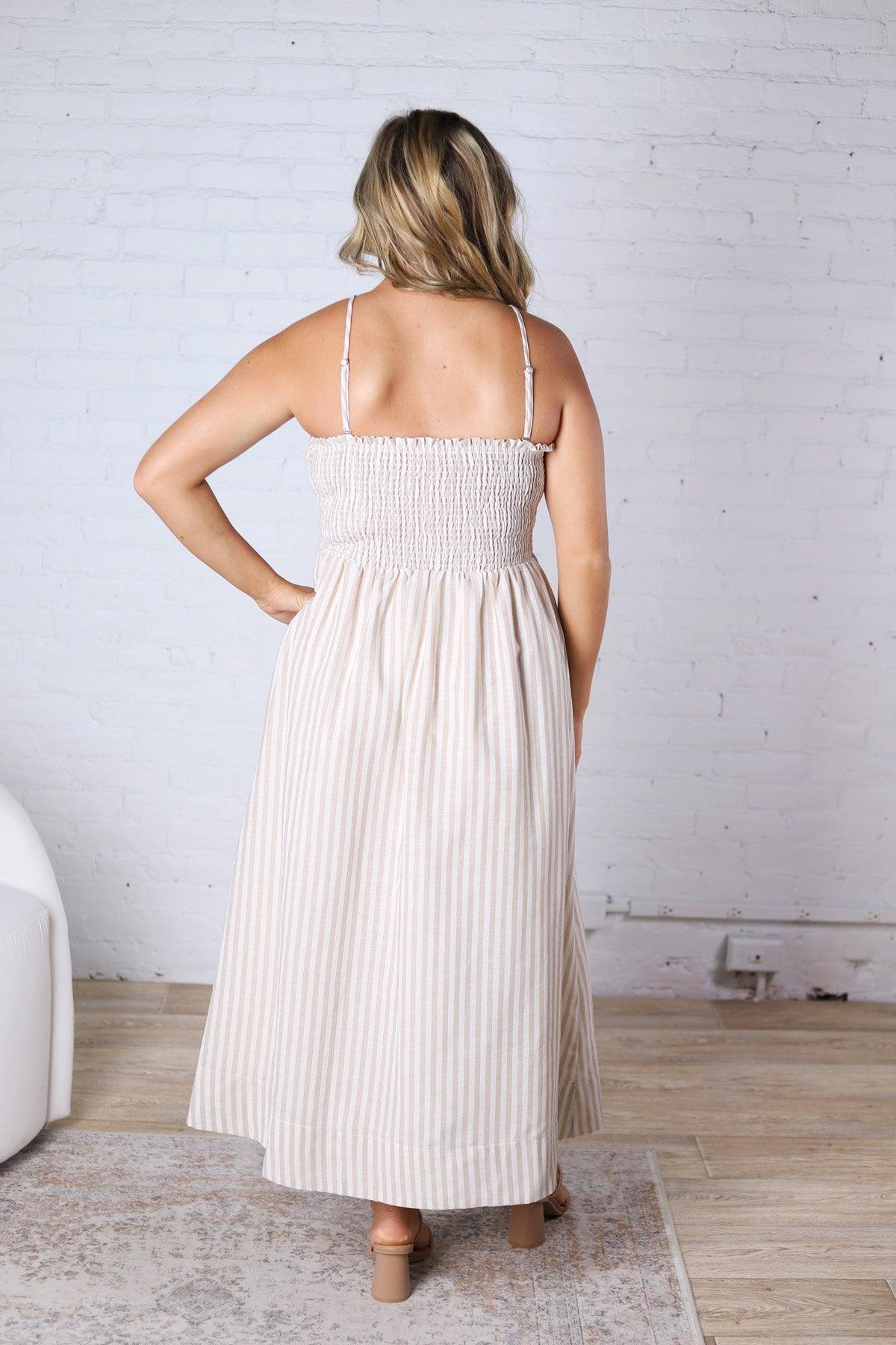 Aurelia Smocked Top Stripe Dress - Tan